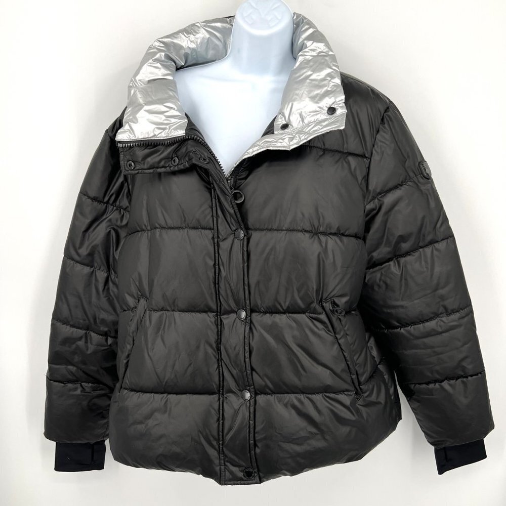NOIZE Cruelty Free Bianca Puffer Jacket Black Vegan Silver Lined Size XL